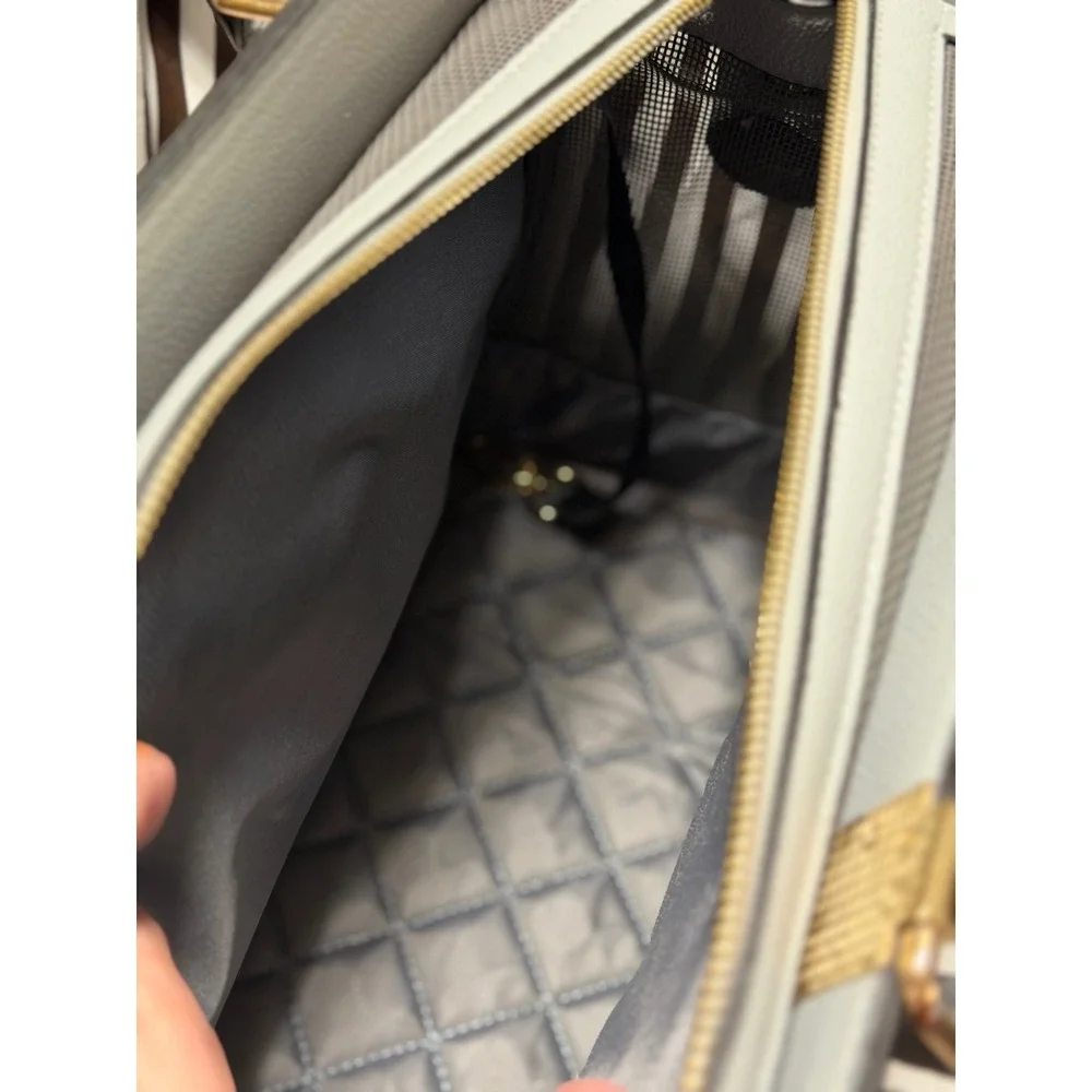Light Blue Faux Leather Pet Carrier Purse Tote with Gold Hardware for Small Dogs